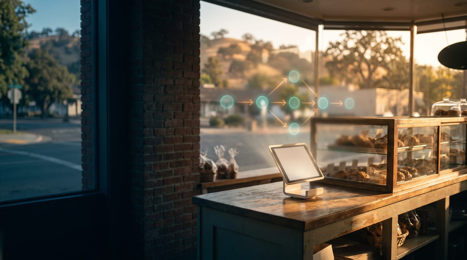 A bakery counter with a tablet in morning light and a simple diagram of connected steps floating in the shop window.