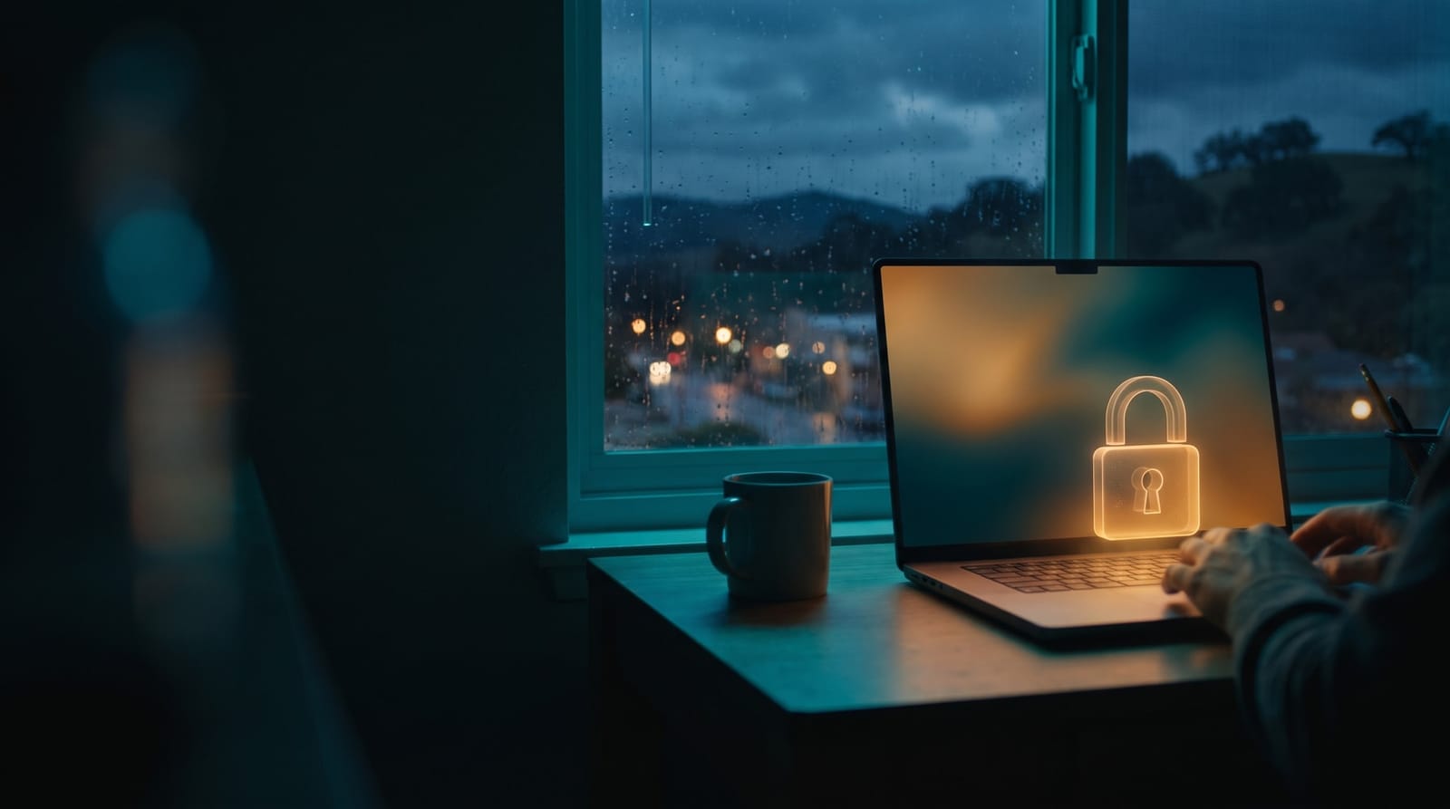 A laptop on a desk at night with a glowing padlock on its screen and rain on the window behind it