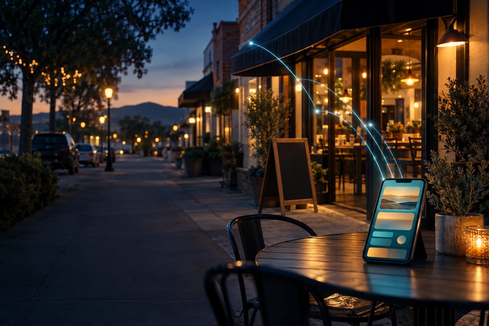 A phone showing a cafe's website on an outdoor table at dusk, with a lit storefront and a chalkboard sign behind it.
