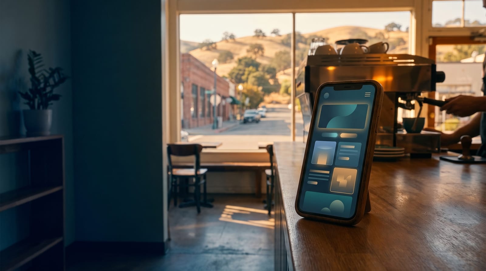 A design studio desk with a monitor showing a website, and golden hills outside the window.